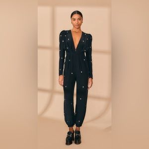 NWT Farm Rio Black Jumpsuit Mirror Embroidered Beaded Details Long Sleeve Large